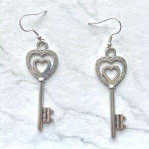 Silver Antique Skeleton Key with Heart Earrings